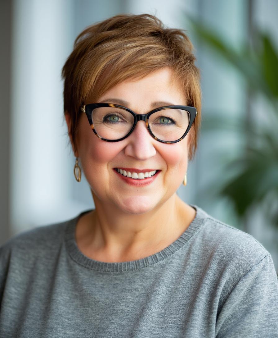 Photo of Mary Yerkes in burgundy shirt and matching glasses smiling<br />
