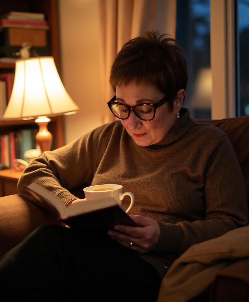 Writer Mary Yerkes in her library writing